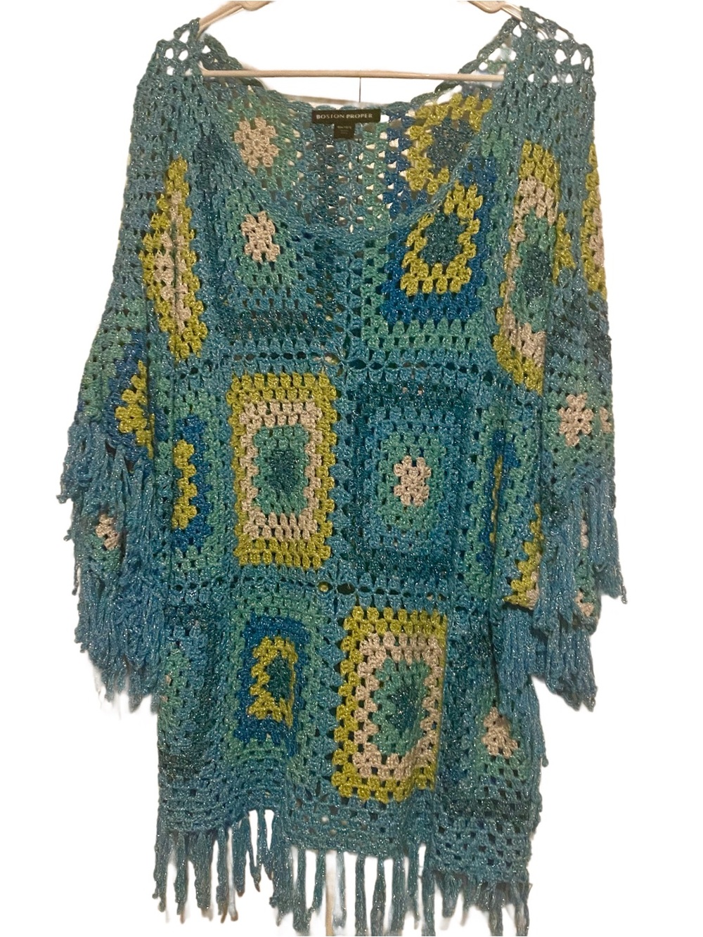 Boston Proper Teal Multi Crochet Fringe Poncho